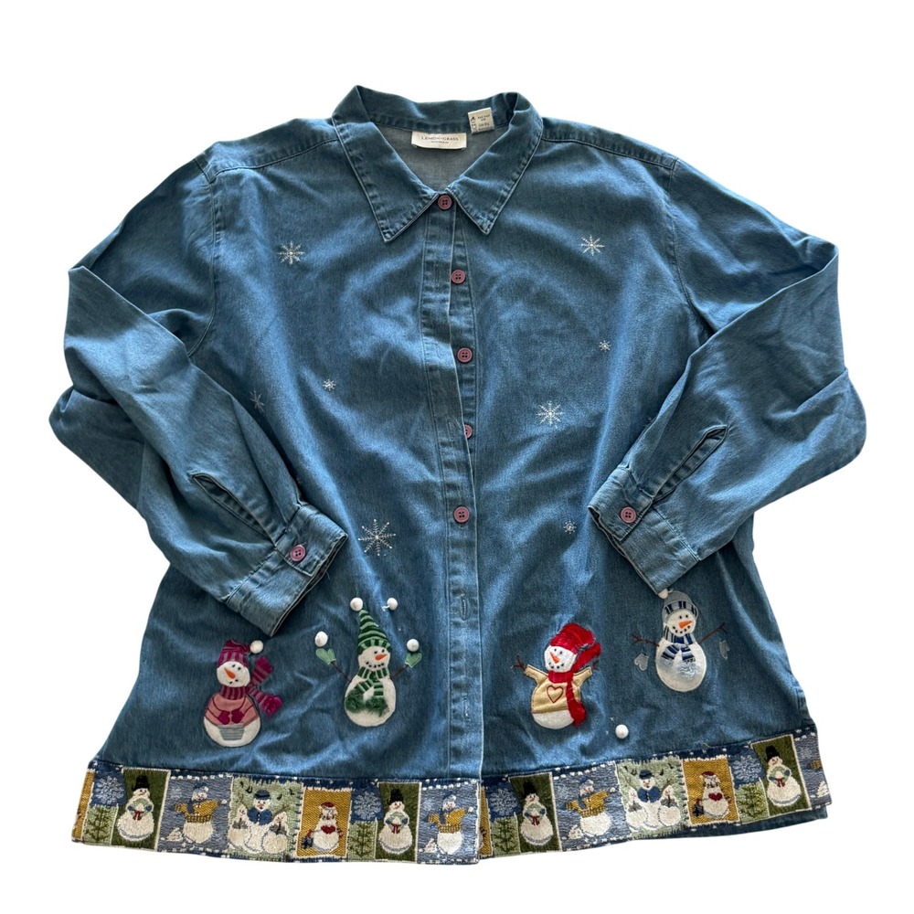 Lemon Grass Woman Snowman Denim Button Down Shirt Blue Plus Size 22W Holiday